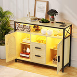 JDPAG 40” Rattan Sideboard Buffet Kitchen Storage Cabinet, LED Coffee Bar Cabinet with Charging Station, Cupboard Console Table with Adjustable Shelves (Natural) JDPAG