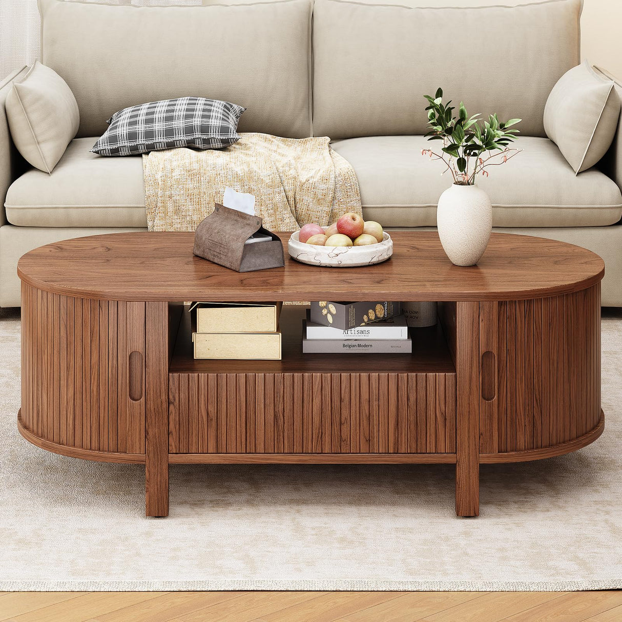 ONBRILL 47.2 Inch Oval Coffee Table with Storage, Mid Century Modern Coffee Table with Drawer, Center Table with Sliding Door and Wood Fluted Handle for Living Room, Walnut ONBRILL