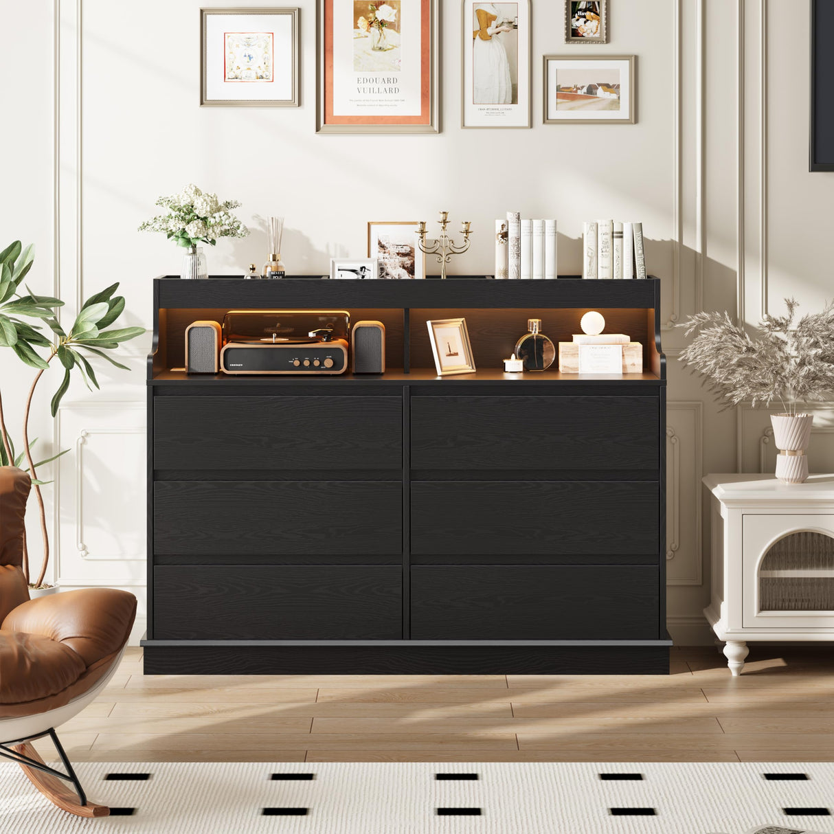 Dresser for Bedroom, 6 Drawer Dresser with LED Lights and Charging Station, Wide Chest of 6 Drawers with Open Space, Modern Large Capacity Storage Cabinet, Living Room, Hallway, Black GarveeHome