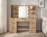 AMERLIFE 47.2" Fluted Vanity Desk with Mirror and Adjustable LED Lights, Large 7 Drawers Makeup Table with Glass Top and Charging Station for Women and Girls, Bedroom or Dorm, Natural Oak AMERLIFE