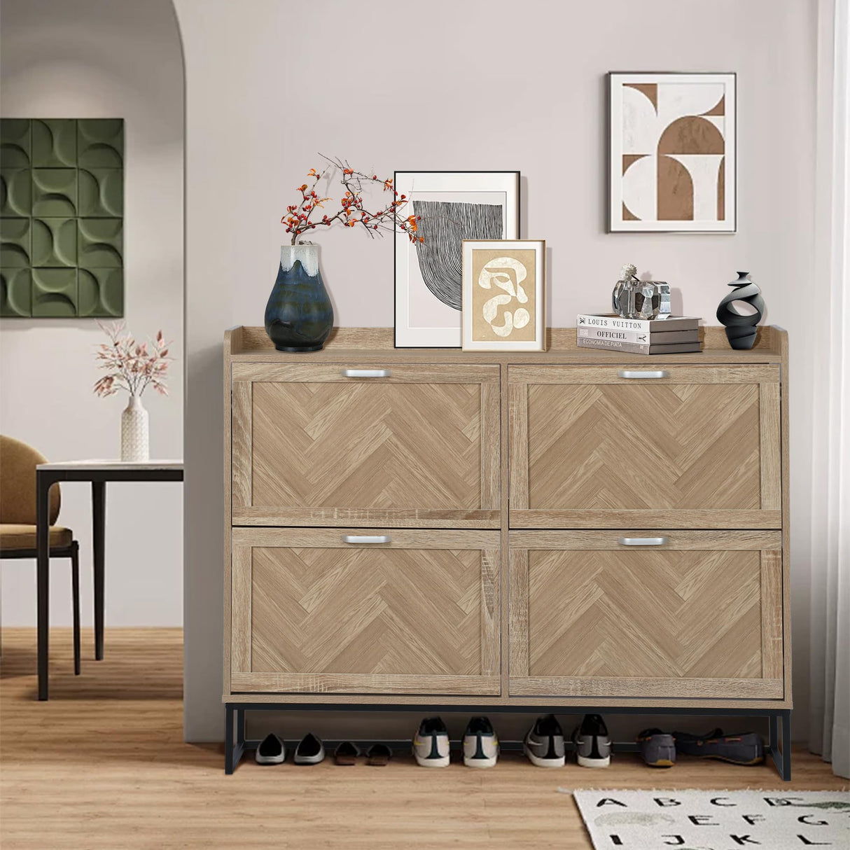 MISHAO Shoe Storage Cabinet with 4 Flip Drawers, Narrow Hidden Shoe Cabinet with Metal Legs & Adjustable Shelf, Freestanding Slim Shoe Rack Organizer for Entryway, Natural MISHAO