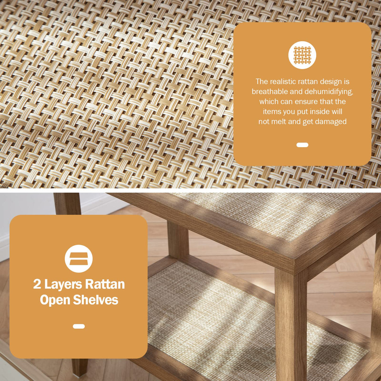 SICOTAS Rattan Nightstands Set of 2 Bedside Table - Boho Narrow End Table Living Room Set of 2 Side Table with Rattan Storage Shelves for Small Space SICOTAS