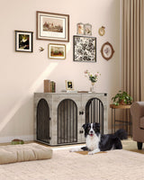 Hzuaneri 44.1" Dog Crate Furniture, Dog Kennel Indoor Arched Door Design, Wooden Dog Crate Furniture for Small/Medium/Large Dog, Side Table, TV Stand, Anti-Chew, Anti-Escape, Greige Black Hzuaneri