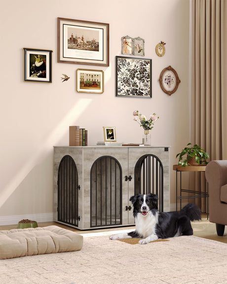Hzuaneri 44.1" Dog Crate Furniture, Dog Kennel Indoor Arched Door Design, Wooden Dog Crate Furniture for Small/Medium/Large Dog, Side Table, TV Stand, Anti-Chew, Anti-Escape, Greige Black Hzuaneri