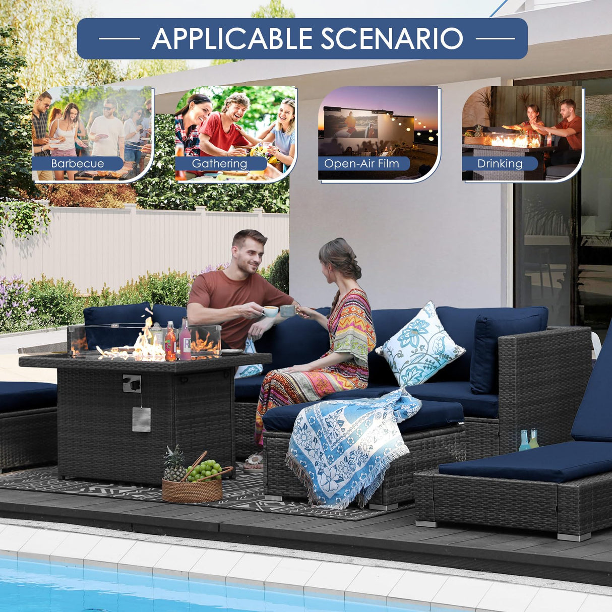 NICESOUL® 13 Pcs Luxury Large Patio Furniture Set with Natural Gas/Propane Fire Pit Table, 29.3" High Back Outdoor Conversation Set, Deep Seating PE Wicker Sectional Sofa Navy NICESOUL