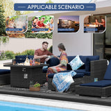 NICESOUL® 13 Pcs Luxury Large Patio Furniture Set with Natural Gas/Propane Fire Pit Table, 29.3" High Back Outdoor Conversation Set, Deep Seating PE Wicker Sectional Sofa Navy NICESOUL