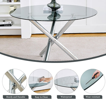 Round Glass Dining Room Table for 4 to 6 Person Modern Grey Tempered Glass Top, Sturdy Chrome Legs, Adjustable Foot Pads, Kitchen Table for Living Room, Dining Room, 47.24 Inch, Round Silver  - WoodArtSupply