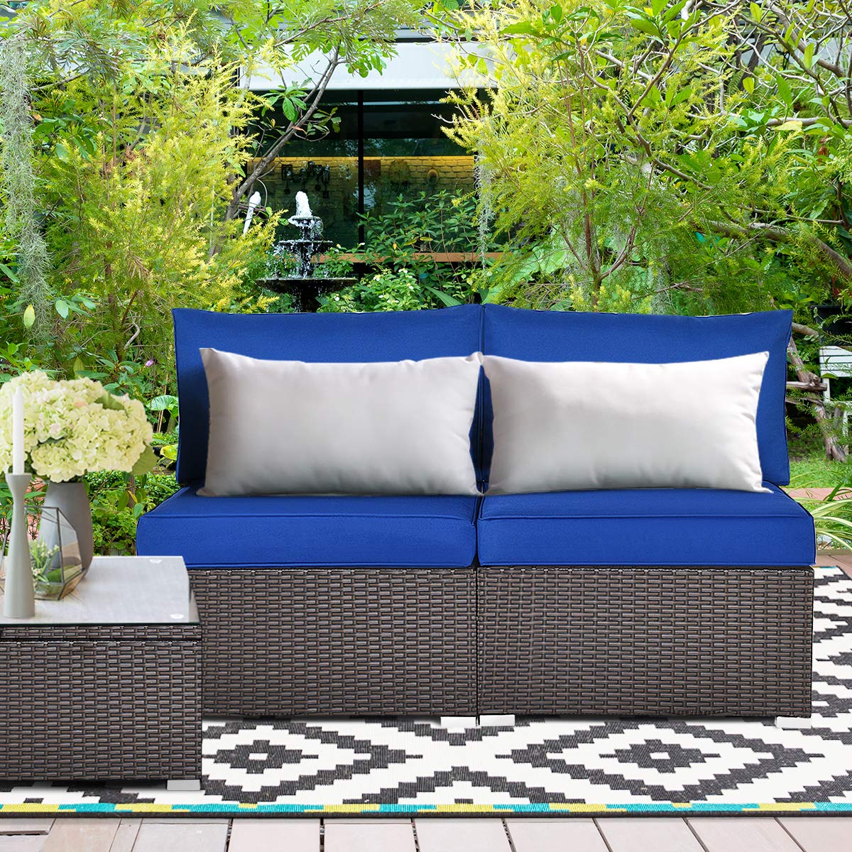 Tangkula 2 PCS Outdoor Wicker Armless Sofa, Patio Rattan Sectional Sofa Set w/2 Thick Seat Cushions and 2 Back Cushions, Additional Seats for Balcony Garden Patio Poolside (Navy Blue) Tangkula