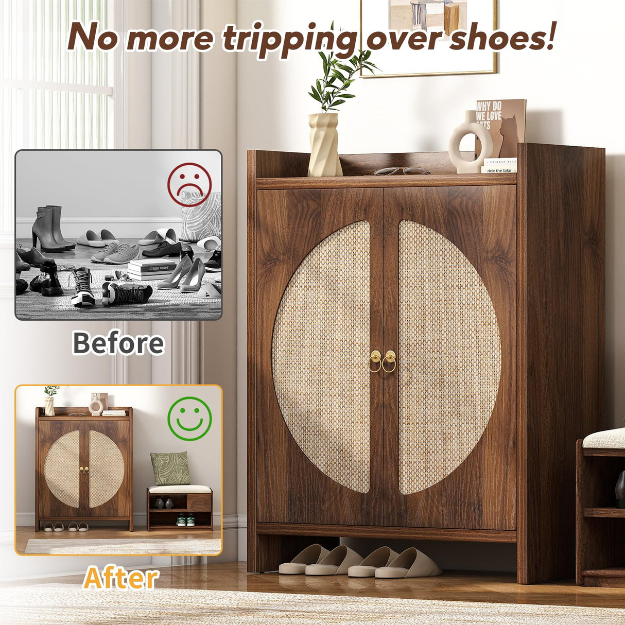 Curlaky Shoe Cabinet Storage for Entryway - Rattan Entry Way Shoe Storage Cabinet with Adjustable Shelves, Wood Shoe Organizer Cabinet, Accent Cabinet with Doors for Entrance Hallway Living Room Foyer Curlaky