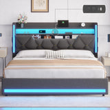 BYSAUD Queen Bed Frame with Storage Headboard & Hidden Storage, Upholstered Bed Frame Queen Size with LED Lights, with Charging Station, No Noise, No Box Spring Needed, Gray, Linen Cloth BYSAUD