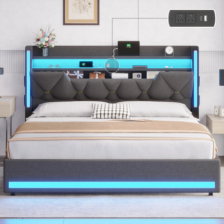 BYSAUD Queen Bed Frame with Storage Headboard & Hidden Storage, Upholstered Bed Frame Queen Size with LED Lights, with Charging Station, No Noise, No Box Spring Needed, Gray, Linen Cloth BYSAUD