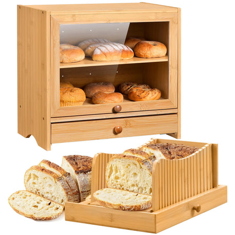Bread Box with Bread Slicer, Bamboo Bread Box for Kitchen Countertop, Double Layer Corner Bread Box for Homemade Bread, Bread Box with Window, Wooden Homemade Bread Storage, Pantry Counter Corner Beglero