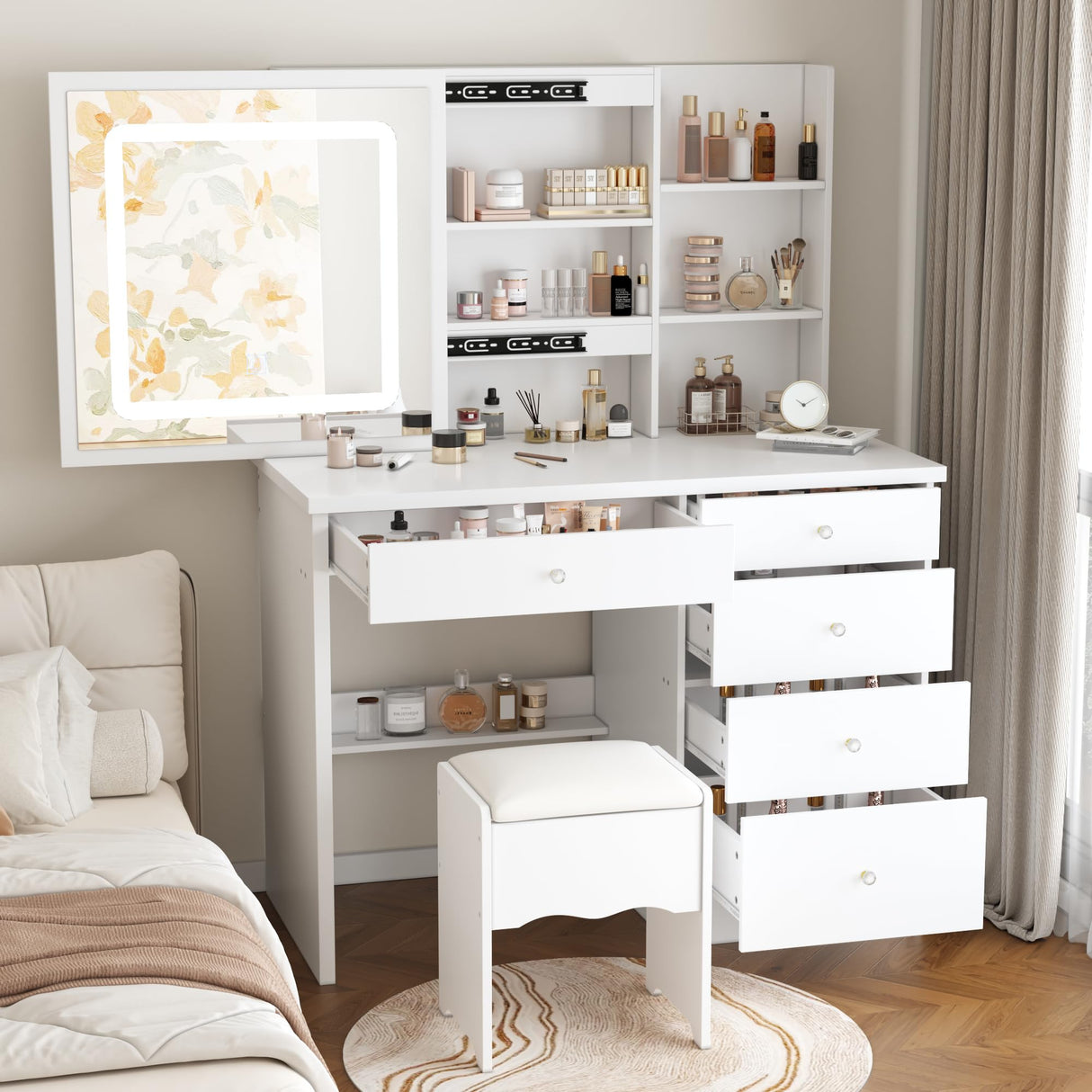 FUNISIR Makeup Vanity Desk with Sliding Mirror and Lights, Makeup Table Set with 3 Colors LED Light, 5 Drawers, Shelves & Stool, Bedroom Dressing Table Girls Vanity Desk in White FUNISIR