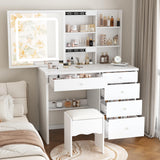 FUNISIR Makeup Vanity Desk with Sliding Mirror and Lights, Makeup Table Set with 3 Colors LED Light, 5 Drawers, Shelves & Stool, Bedroom Dressing Table Girls Vanity Desk in White FUNISIR