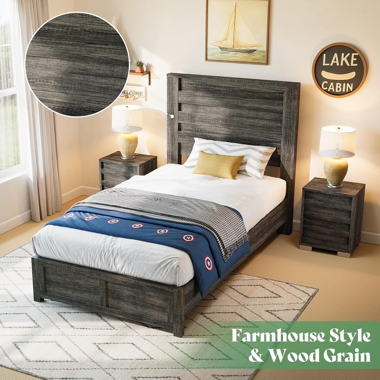 AMERLIFE Farmhouse Twin Platform Bed Frame with 49" Fluted Headboard, Wooden Bed with Natural Grain Finish, Noise-Free, No Box Spring Required, Easy Assembly, Grey AMERLIFE