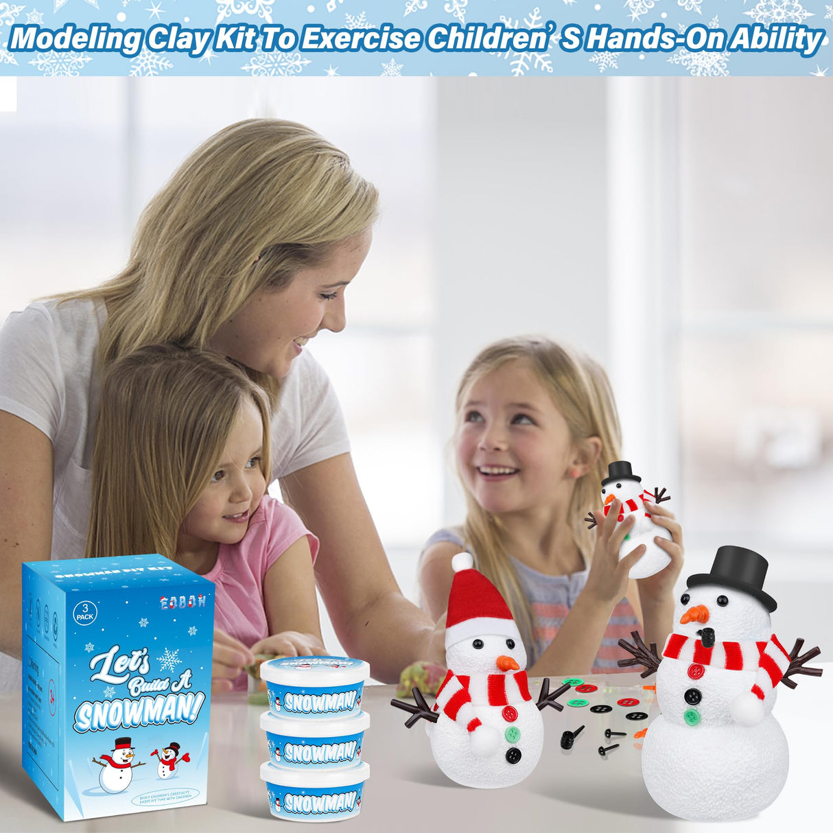 Christmas Craft Snowman Kit, 3 Pack DIY Snowman Craft Kit for Kids, Build a Snowman Indoor Decor, Creative Kids Air Dry Modeling Clay, Xmas Activities Christmas Making Kit for Toys Favors EOBOH