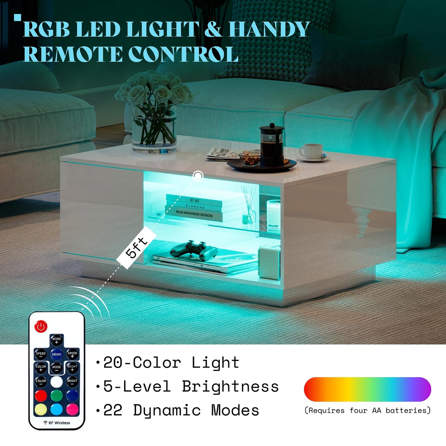 AMERLIFE LED Coffee Table with 20-Color Light, Modern High Gloss Center Table with Glass Shelf Storage for Living Room, Remote Control, White - WoodArtSupply