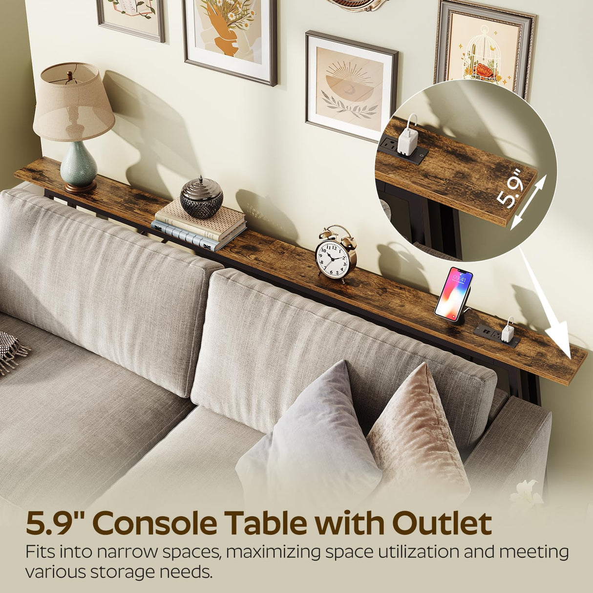 YATINEY 78.7" Skinny Console Table with Power Outlets, 5.9" Sofa Tables Narrow Long, Industrial Behind Couch Table, for Hallway, Entryway, Living Room, Rustic Brown and Black CT205UBR YATINEY