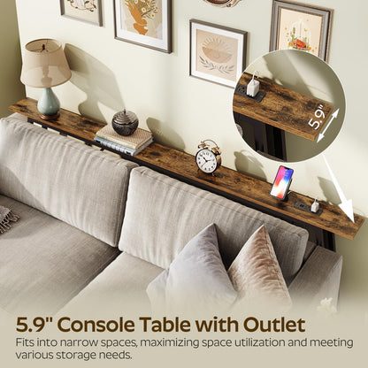 YATINEY 78.7" Skinny Console Table with Power Outlets, 5.9" Sofa Tables Narrow Long, Industrial Behind Couch Table, for Hallway, Entryway, Living Room, Rustic Brown and Black CT205UBR