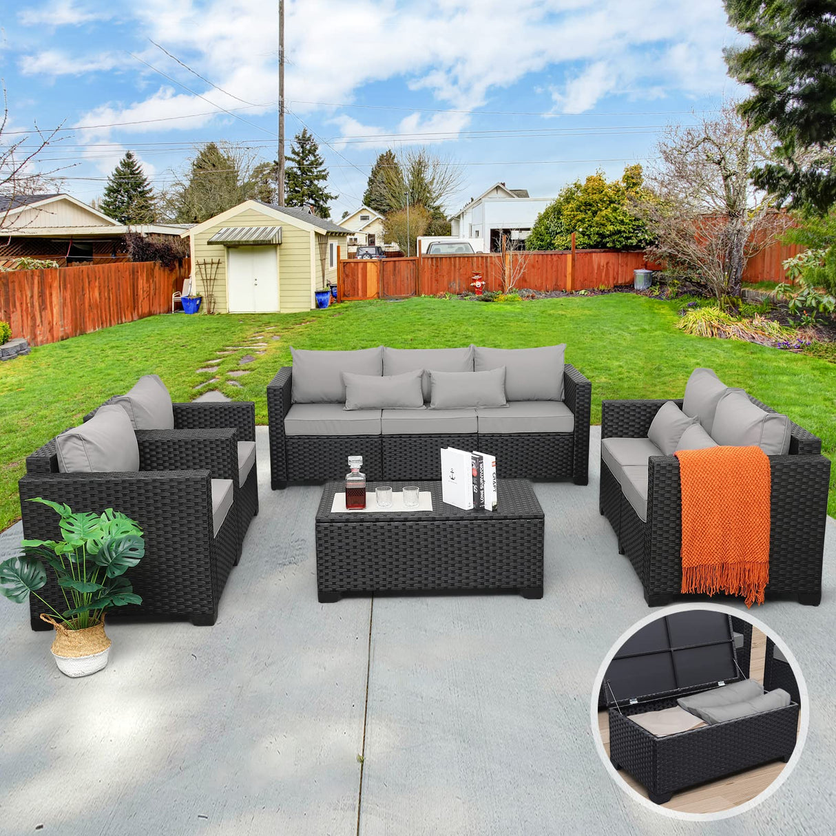 Rattaner 5-Piece Patio Furniture Sofa Set Outdoor Wicker Sectional Couch with Storage Table Non-Slip Cushions Furniture Covers, Grey Rattaner
