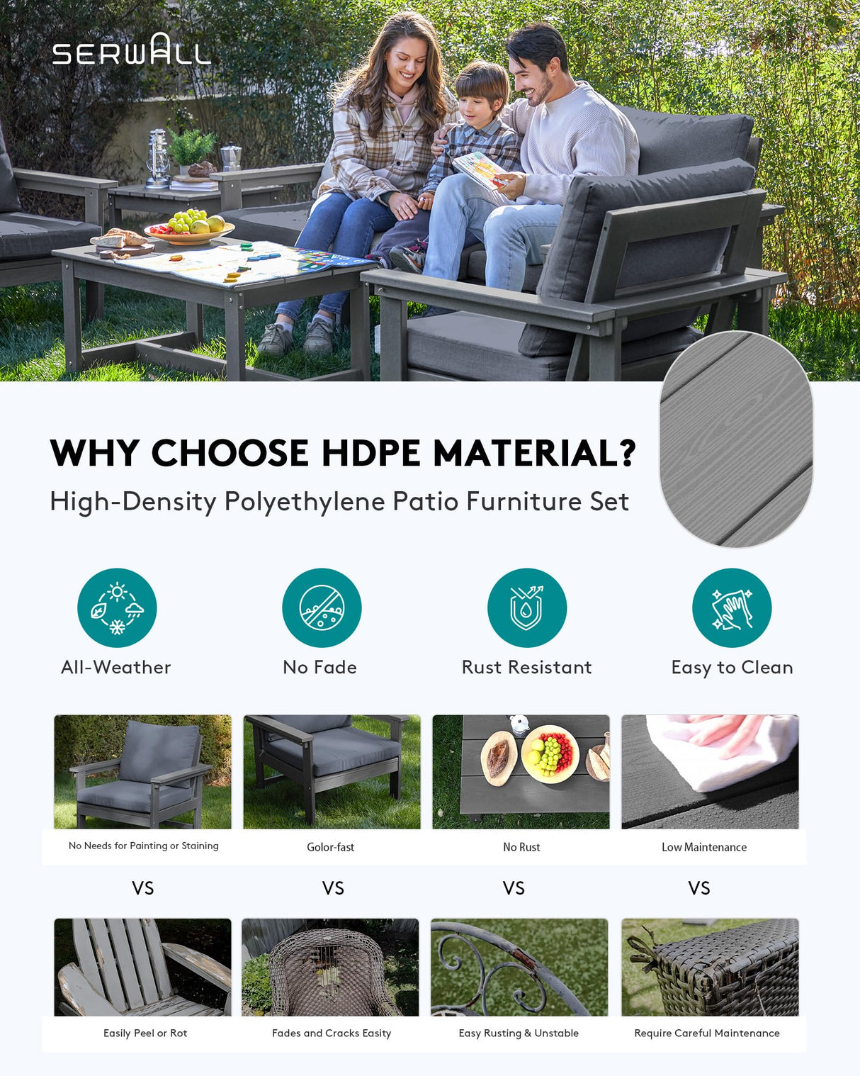 SERWALL HDPE Patio Furniture Set, 7-Piece Outdoor Sectional Sofa Set, All Weather Outdoor Couch Set for Deck, Lawn, Grey Frame with Grey Cushion SERWALL