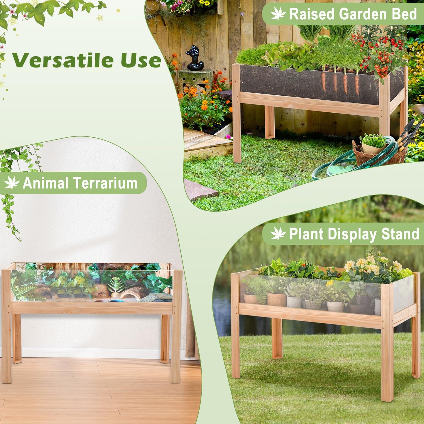 HAPPYGRILL Raised Wooden Garden Bed with Legs, 31” Elevated Planter Box with 2 Acrylic Panel Sides, Drain Holes, Movable Beds, Plant Terrarium with Stand for Vegetables, Fruits, Herbs, Flower - WoodArtSupply