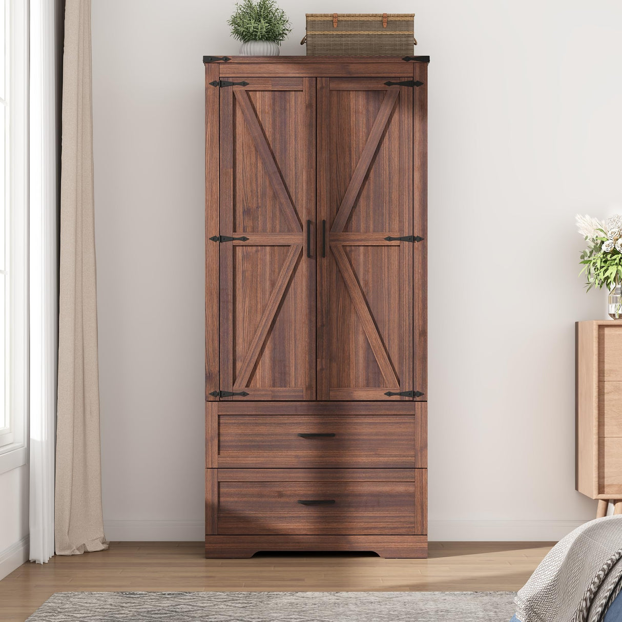 Hlivelood 2 Doors Wardrobe Armoire Closet with Doors and Drawers, Farmhouse Wooden Armoire Storage Cabinet with Shelves & Hanging Rod for Bedroom, Brown Hlivelood