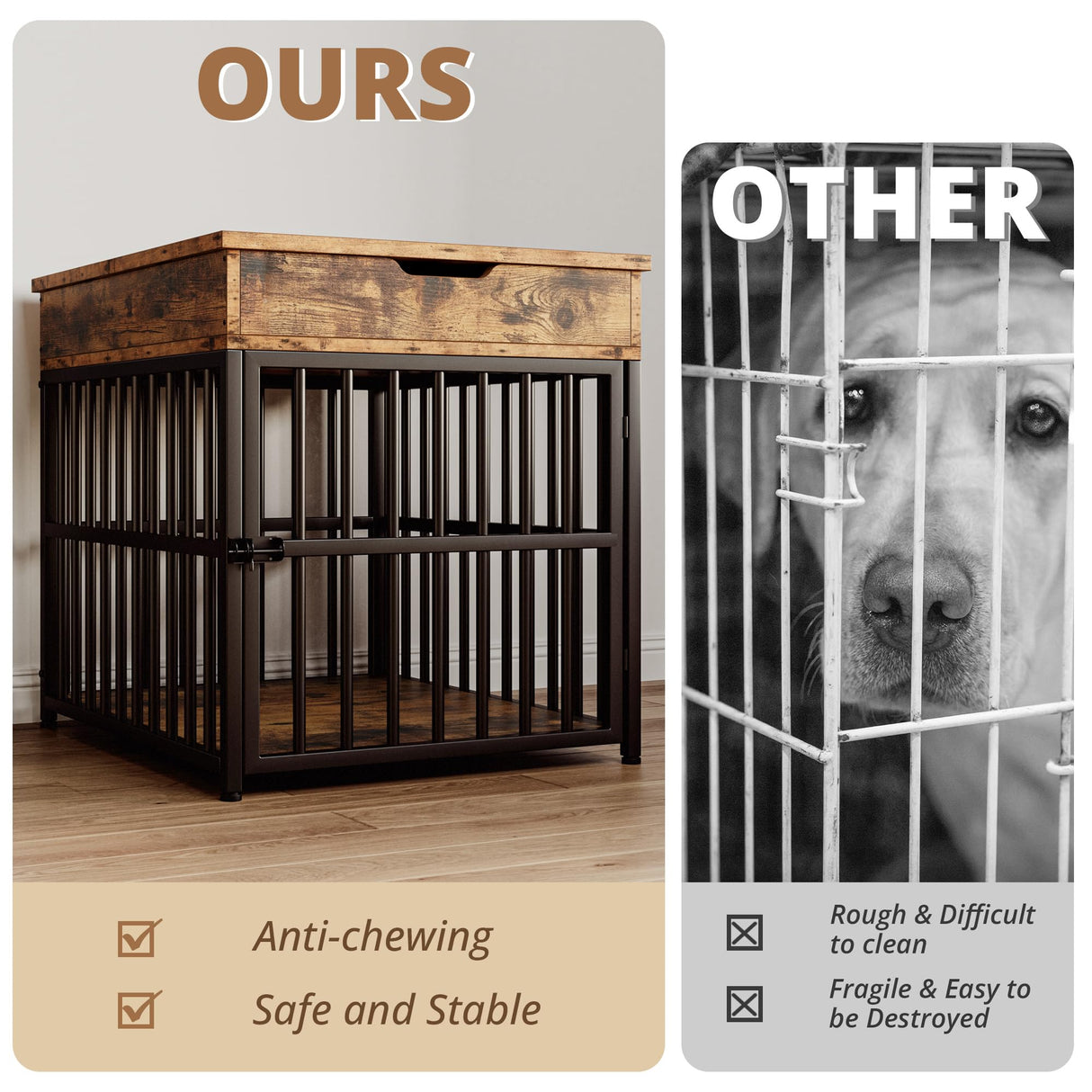 IRONCK Dog Crate Furniture for Small Dogs, Wooden Dog Kennel with Flip Top Drawer, Indoor Pet Crate End Table with Charging Station, Steel-Tube Dog Cage, Rustic Brown IRONCK