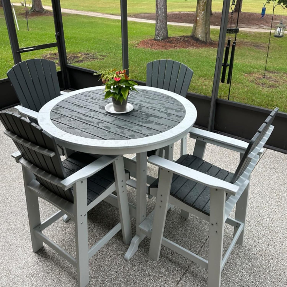 kevinplus Outdoor Patio Table Bar Height Table and Bar Chairs Set of 4, for Garden Backyard Poolside Balcony, Umbrella Hole (5 PCS, Grey and White) kevinplus