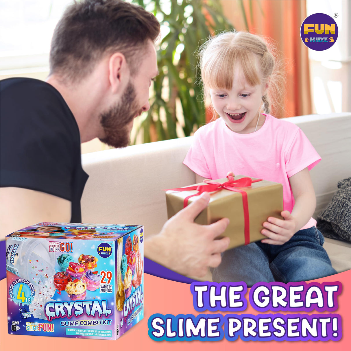4 LB Huge Glassy Clear Slime Bucket Toy for Kids, FunKidz 64 FL OZ Premade Big Crystal Slime Pack Gift with 29 Sets Add-ins Jumbo Slime Kit for Girls Boys Party Present FUN KIDZ
