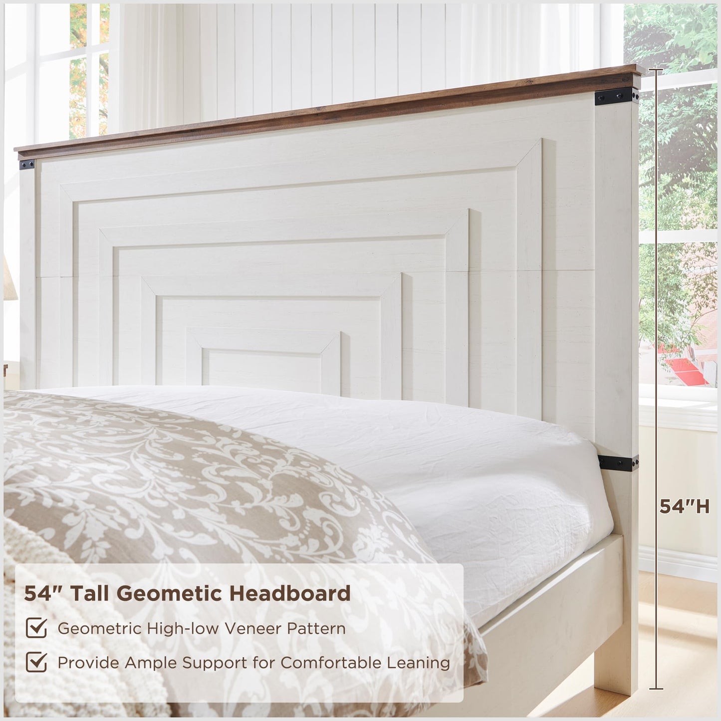 RedLemon Antique White Farmhouse Queen Bed Frame with 54" Geometric Headboard and Storage Drawers - WoodArtSupply