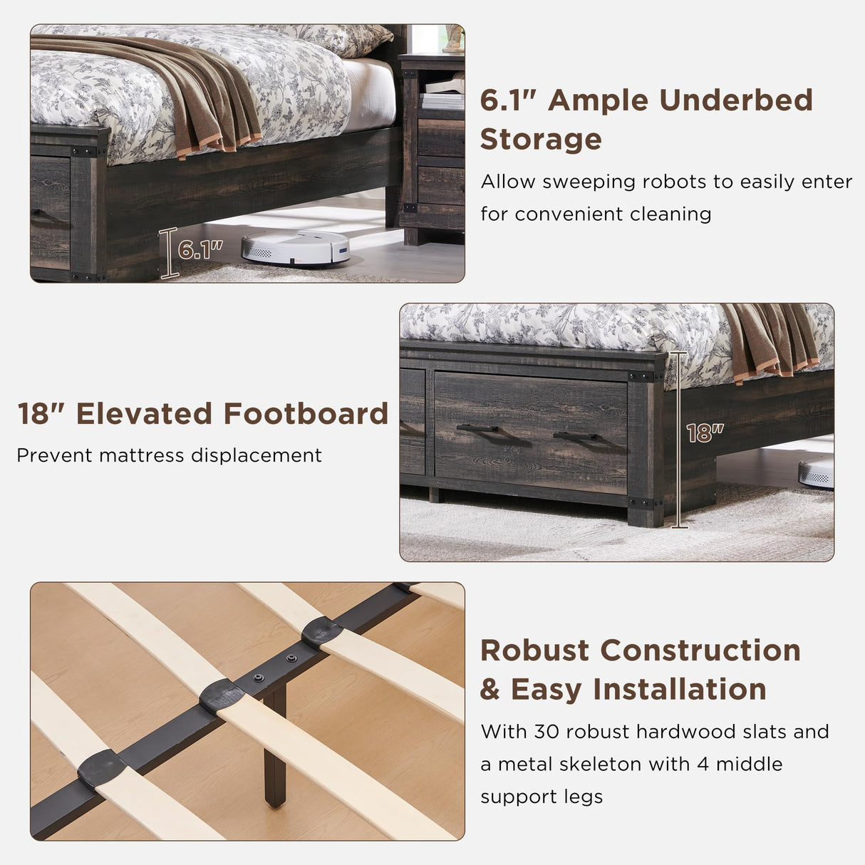 RedLemon Farmhouse Queen Size Wood Bed Frame with 54" Tall Geometric Headboard, 2 Large Storage Drawers, Solid Wood Slats Support, Noise Free, No Box Spring Needed, Dark Rustic Oak RedLemon