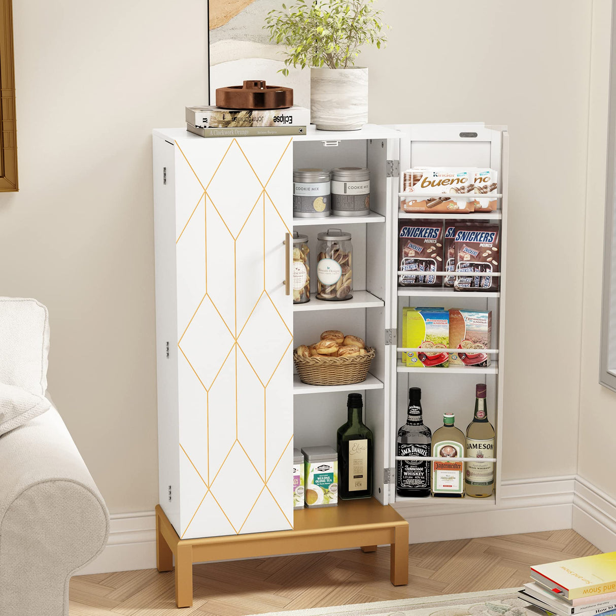 ARTPOWER 45'' Kitchen Pantry Cabinet with Gold Trim, Pantry Cabinets with Doors and Adjustable Shelves, Food Pantry Cabinet for Kitchen, Dining Room and Living Room,Classic White Cabinet with Gold Leg ARTPOWER