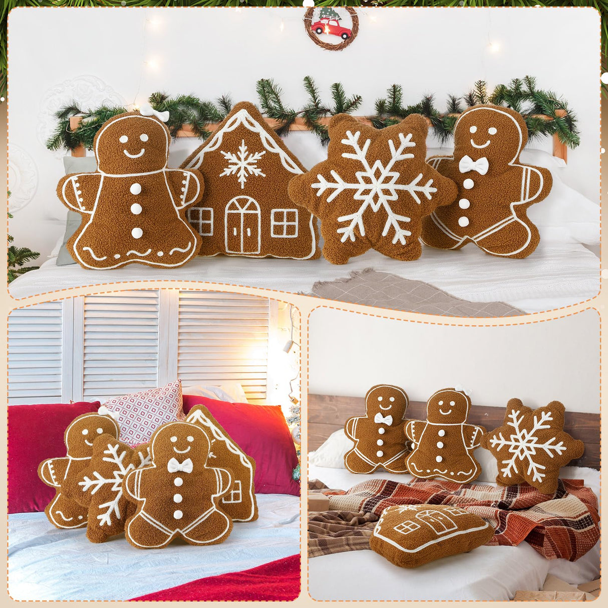 HunnmingRe 4 Pcs Christmas Throw Pillows Plush Gingerbread Men Gingerbread House Snowflake Shaped Pillow for Christmas Winter Holiday Party Outdoor Bedroom Cushion Decoration HunnmingRe