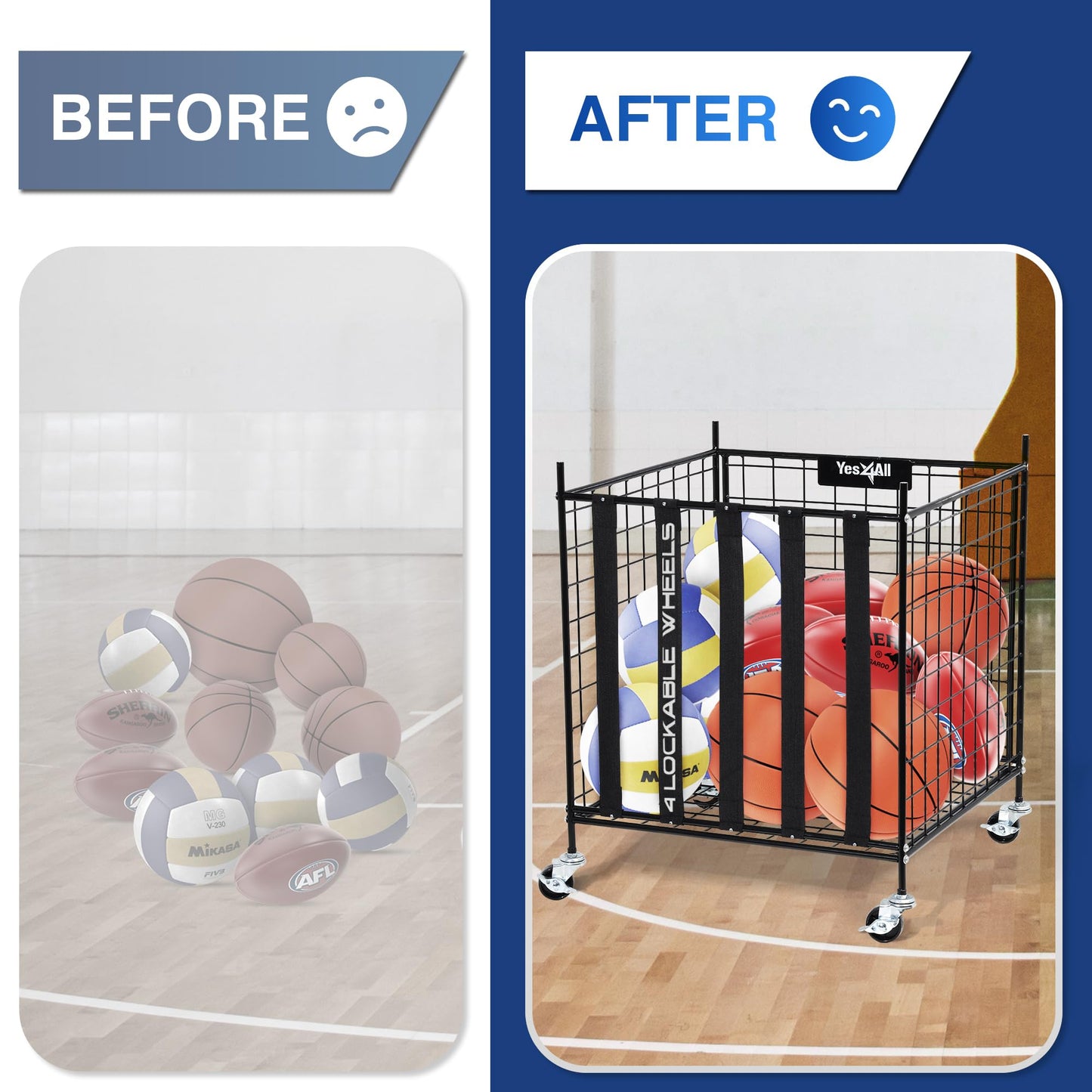 YES4ALL Rolling Ball Cart Storage with Lockable Wheels Volleyball Basketball Holder, Toy Balls Bin, Garage Cage, Storage Racks, Sports Equipment Organizer, Ball Rack for Outdoor Indoor Use