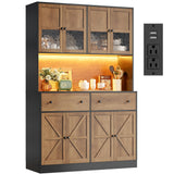 FINETONES 71" Pantry Cabinet with LED Light and Charging Station, Farmhouse Kitchen Pantry Cabinet with Microwave Stand, 47.2" Wide Kitchen Hutch Food Pantry with Open Countertop, Black/Brown FINETONES