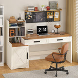 YOMILUVE 60'' Farmhouse Computer Desk with Drawers, Home Office Desk with Bookcase, Vanity Desk Writing Study Table with Storage, Antique White YOMILUVE