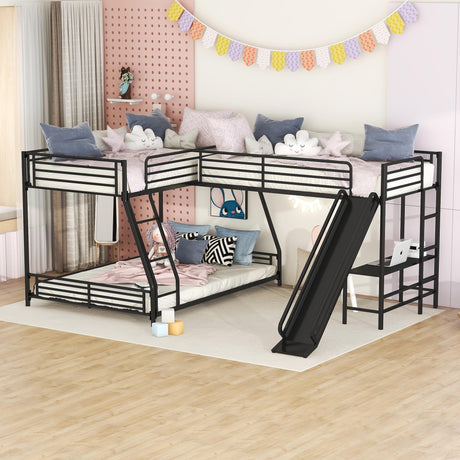 Triple Bunk Beds, L-Shape Twin Over Full Bunk Bed Attached a Loft Bed with Desk, Triple Bunk Beds with Slide, Metal Corner Bunk Bed Frame for Three Kids Boys Girls Teens, Black Bellemave