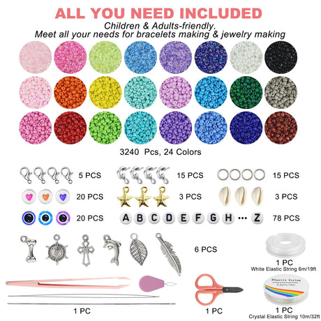 Redtwo 4mm Glass Seed Beads for Jewelry Bracelet Making Kit, Small Beads Friendship Bracelet Kit, Tiny Waist Beads with Letter Beads and Elastic String, DIY Art Craft Girls Gifts. Redtwo