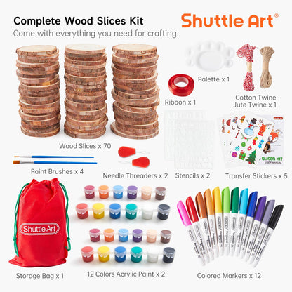 Shuttle Art Natural Wood Slices 70 PCS 2.8-3.1 Inches Craft Wood Ornament Kit, Unfinished Predrilled Wooden Circles with Hole, Jute Twine, Acrylic Paint, Markers for DIY Decoration