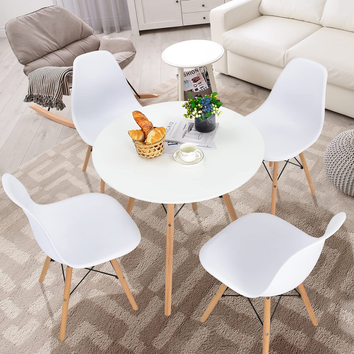 Giantex 5-Piece Dining Table Set, Modern Round 31.5" D Dining Table & 4 DSW Chairs W/Solid Wood Legs, Home Furniture Set for Small Spaces Dining Room Kitchen Restaurant, White - WoodArtSupply