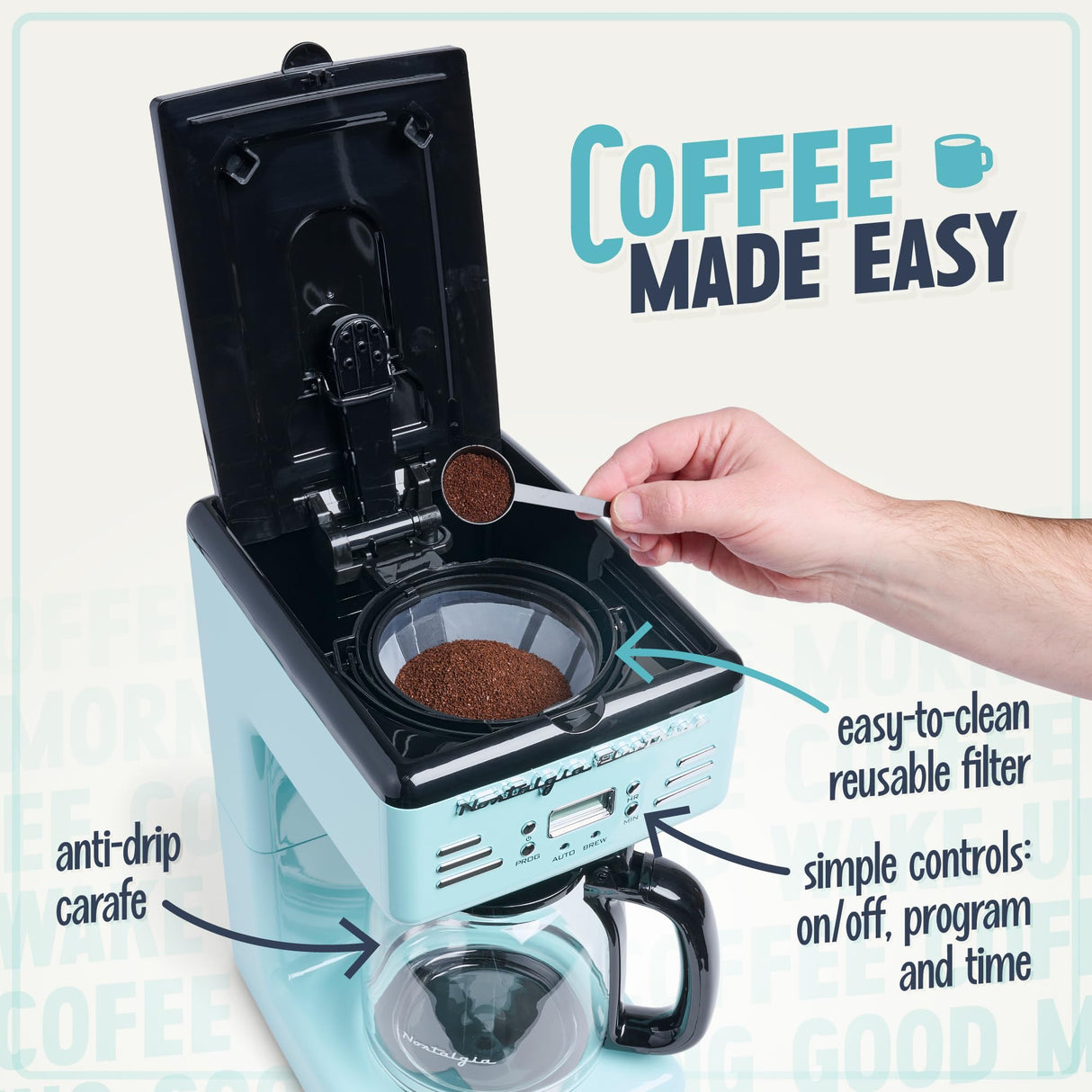 Nostalgia Retro 12-Cup Programmable Coffee Maker With LED Display, Automatic Shut-Off & Keep Warm, Pause-And-Serve Function, Aqua Nostalgia