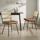 Art Leon Rattan Dining Chairs, Set of 2, Rubber Wood Frame, Mid Century Modern Dining Room Chairs with Rattan Woven Back, Faux Leather Upholstered Kitchen Chairs with Black Metal Legs, Yellow Brown Art Leon