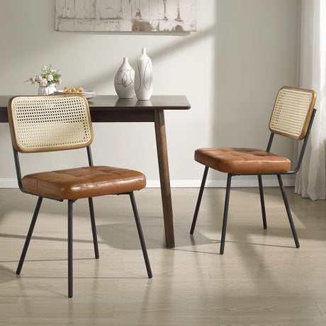 Art Leon Rattan Dining Chairs, Set of 2, Rubber Wood Frame, Mid Century Modern Dining Room Chairs with Rattan Woven Back, Faux Leather Upholstered Kitchen Chairs with Black Metal Legs, Yellow Brown Art Leon