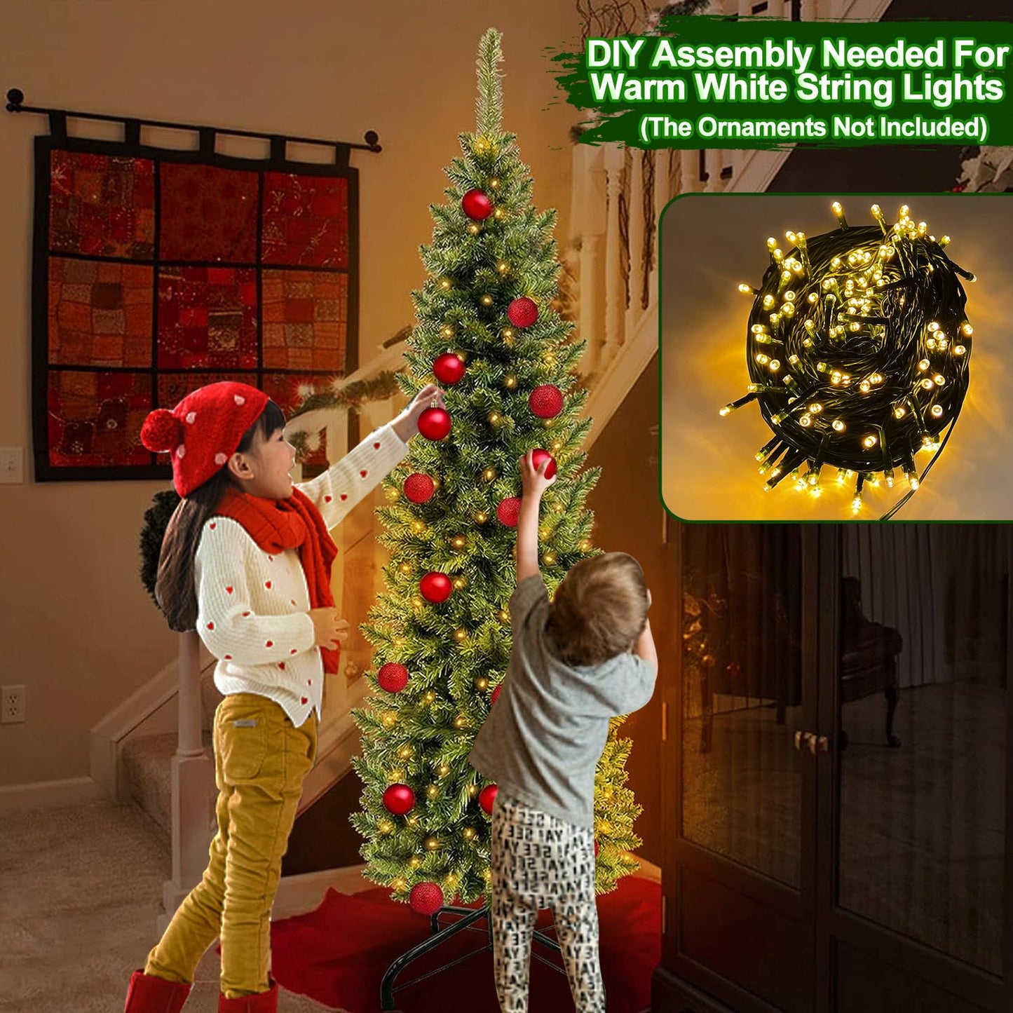 5 Ft Pencil Artificial Christmas Tree with 550 Branch Tips, Spruce Green,180 LED Warm White Lights, Include Metal Stand, UL Plug in, Slim Skinny Xmas Pencil Tree Decor for Holiday Home Indoor Outdoor