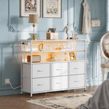 WLIVE Led Dresser for Bedroom, White Dresser TV Stand for Bedroom with LED Lights and Power Outlet, Wide Chest of Drawers with Open Shelves for Entryway, 6 Fabric Drawers and Wood Top for Living Room WLIVE