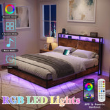 AMERLIFE Full Size Floating Bed Frame with LED Storage Headboard & Charging Station in Rustic Brown AMERLIFE