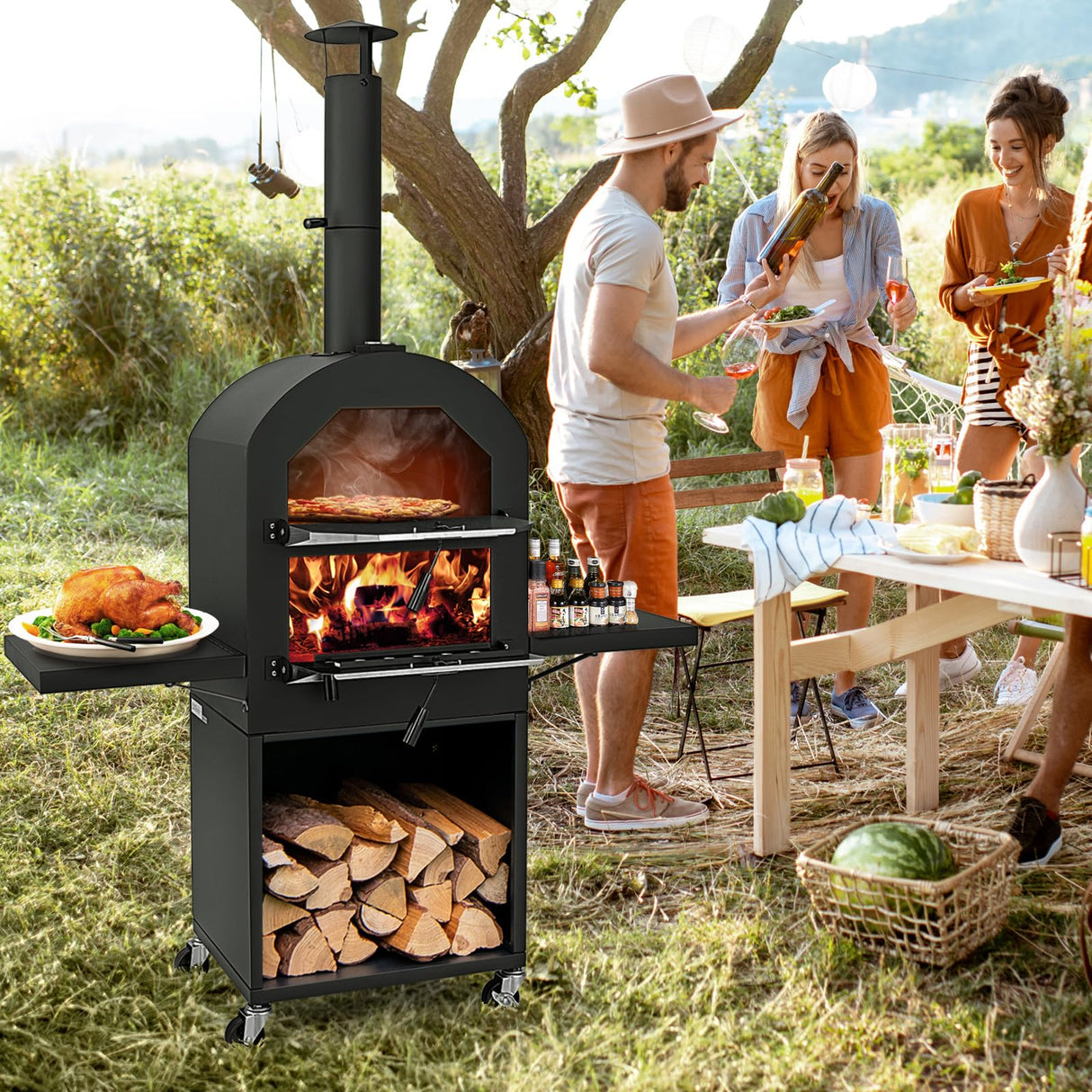 Giantex Pizza Oven Outdoor - Wood Fired Pizza Oven with 2 Side Tables, Pizza Stone, Pizza Peel, Cover, Cooking Grids, Pizza Maker on Wheels for Outside Charcoal Grill Backyard Party Camping Giantex