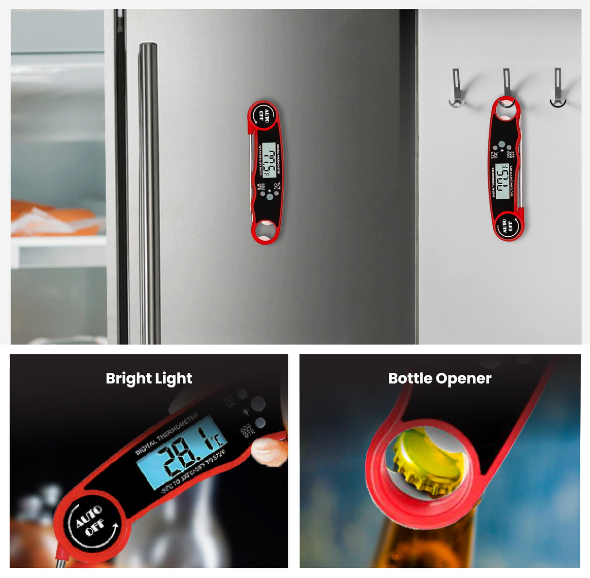 Morning Star Instant Read Digital Meat Thermometer for Cooking,Grilling & BBQ, IP67 Waterproof with LED Backlight, Auto Shut, 4.7 inch 180° Foldable Probe, Built in Bottle Opener with Fridge Magnet Morning Star