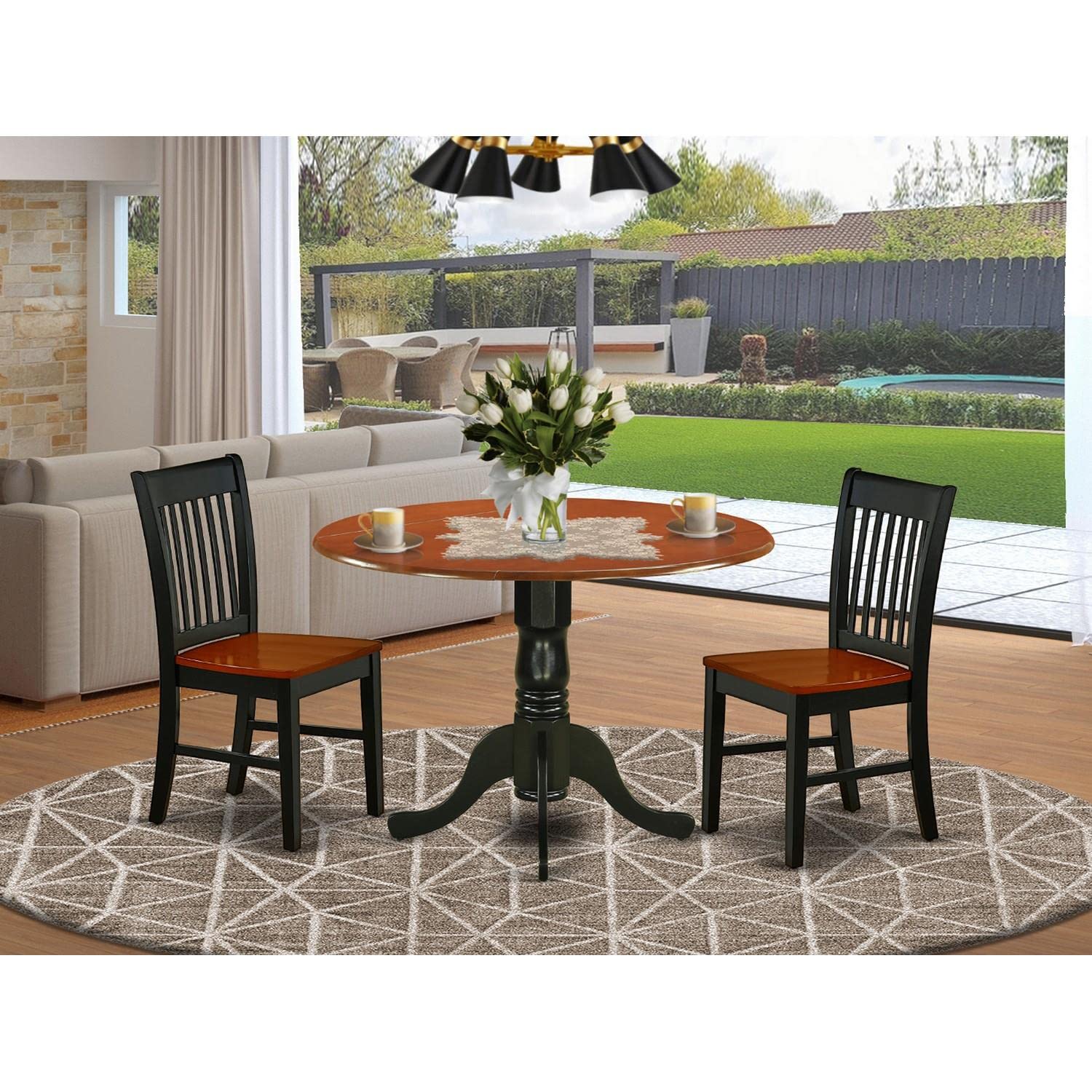 East West Furniture Dublin 3 Piece Room Set Contains a Round Dining Table with Dropleaf and 2 Wood Seat Chairs, 42x42 Inch, DLNO3-BCH-W - WoodArtSupply